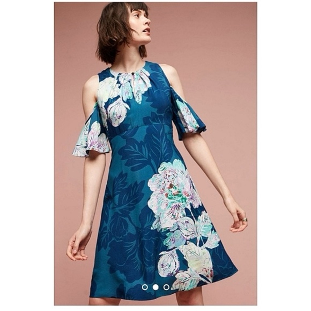 Maeve for Anthropologie Elia teal floral cold shoulder dress size 14.